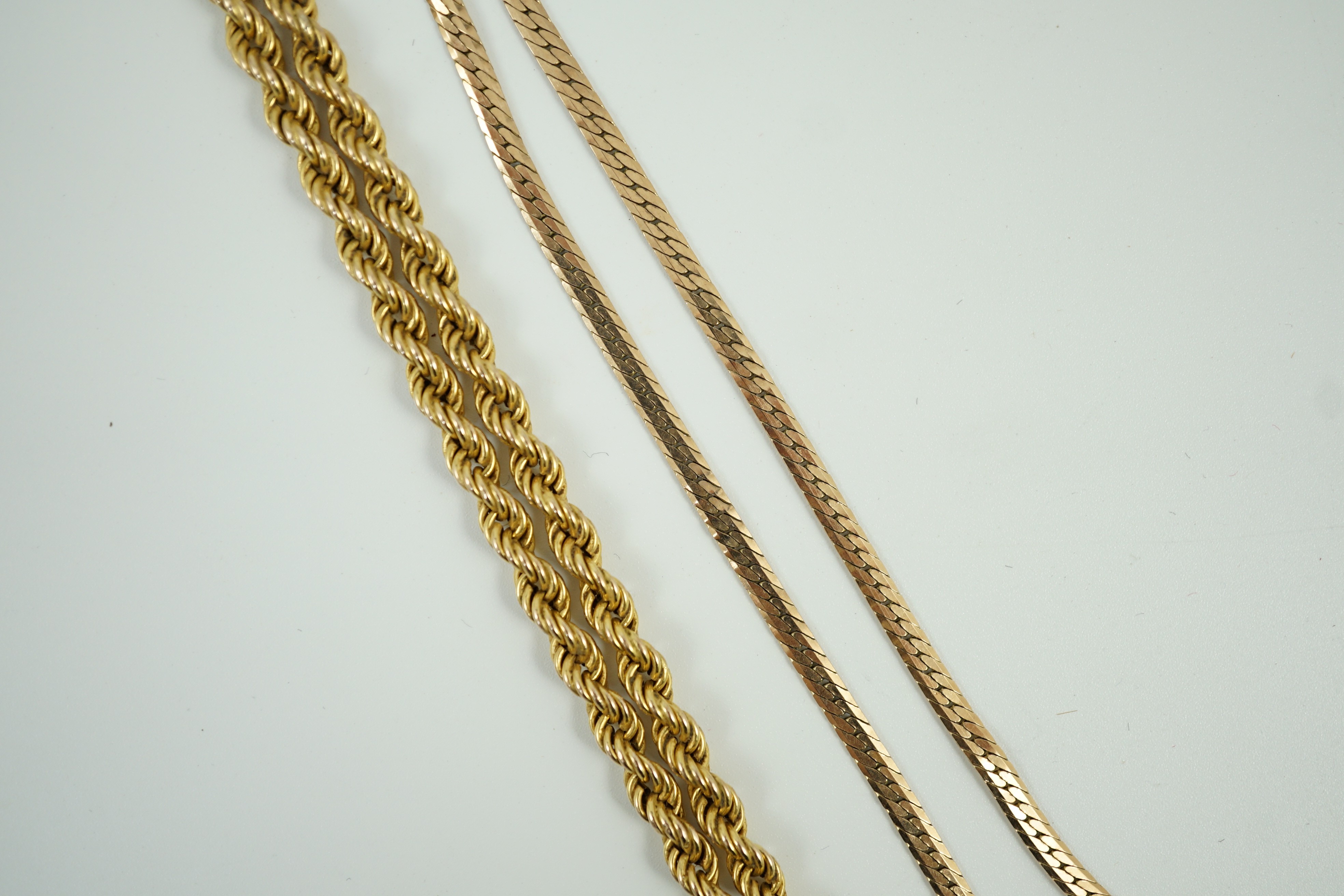 A modern 9k rope twist necklace, 50cm and a 9ct gold flat link necklace, 45cm, 18 grams.